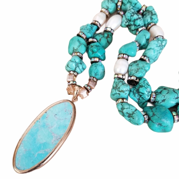 Hand Crafted Turquoise Pendant & Howlite Nugget Freshwater Pearl Beaded Necklace - Picture 4 of 15